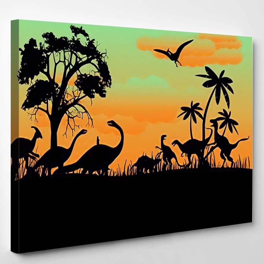 Prehistoric Vector Landscape Dinosaurs Silhouettes – Dinosaur Animals Canvas Print