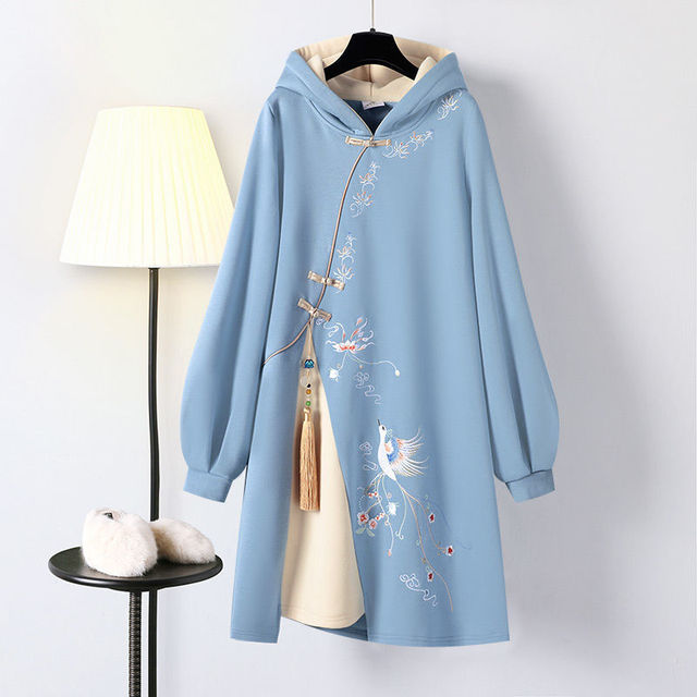 Women’s Winter Chinese Style Hoodies Sweatshirt Dress Hanfu Long Sleeve Embroidery Thicken Cheongsam Plus Size 4XL Vestidos alx