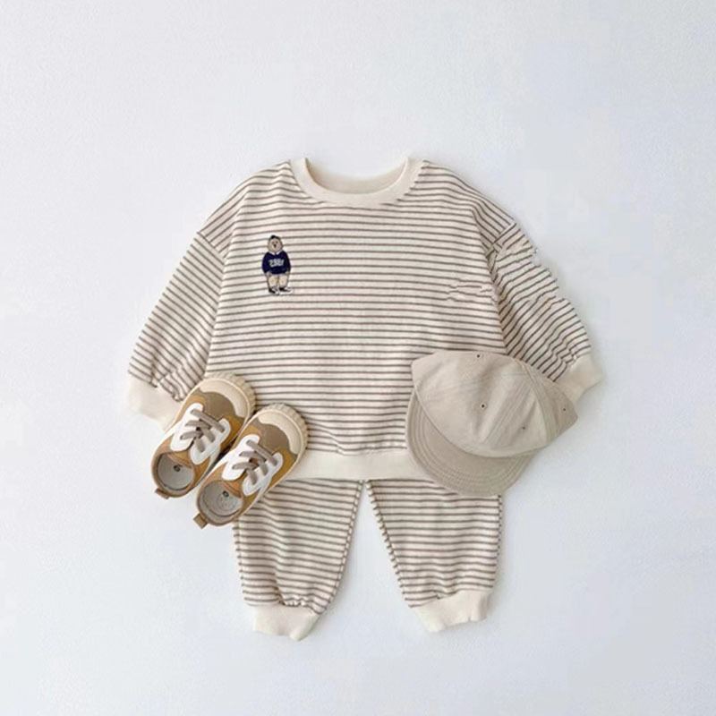 2022 New Baby Long Sleeve Striped Clothes Set Children Cute Bear Sweatshirt + Pants 2pcs Suit Kids Causal Pullover Boys Outfits alx