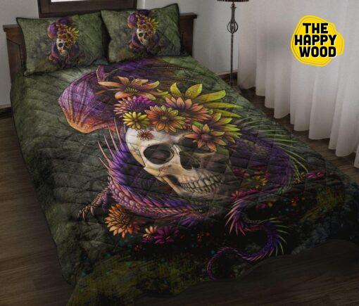 Dragon Purple Skull Flower Quilt Bed Set And Pillow Covers