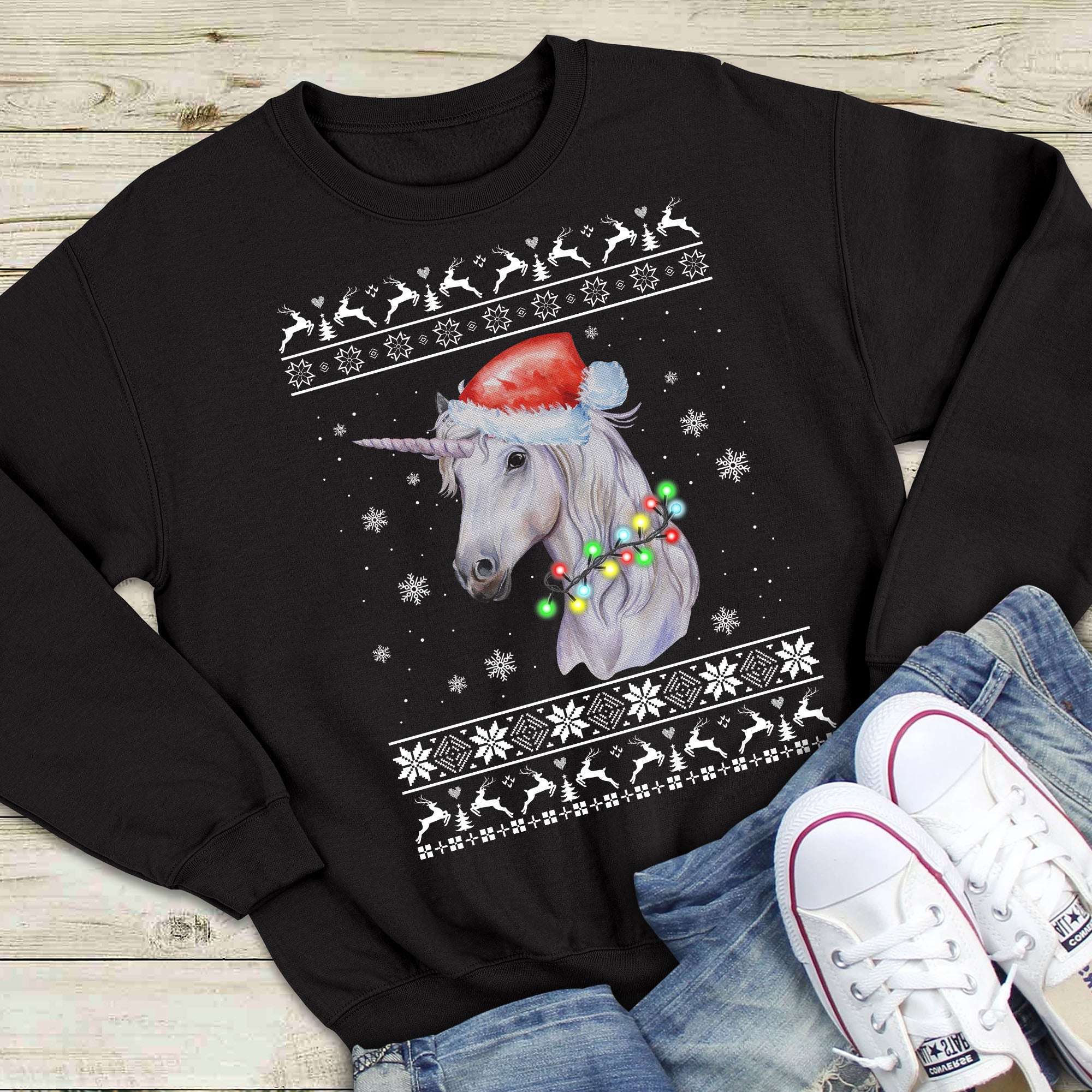 Unicorn Ugly Christmas Light Graphic Unisex T Shirt, Sweatshirt, Hoodie Size S – 5XL