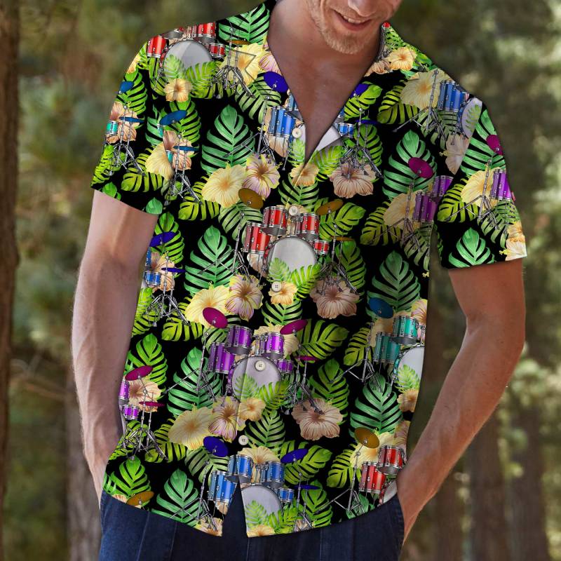 Drums Yellow Hibiscus Flower Hawaiian Shirt Ha6897