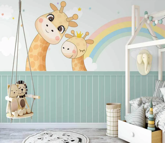 3D Cartoon Rainbow Giraffe Animal Cloud Wall Mural Wallpaper Lxl