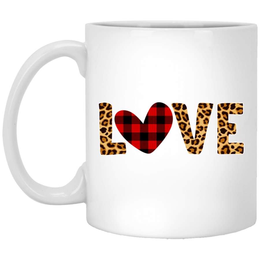 Red Buffalo Plaid Leopard Print Hearts Love Valentine’s Day mugs