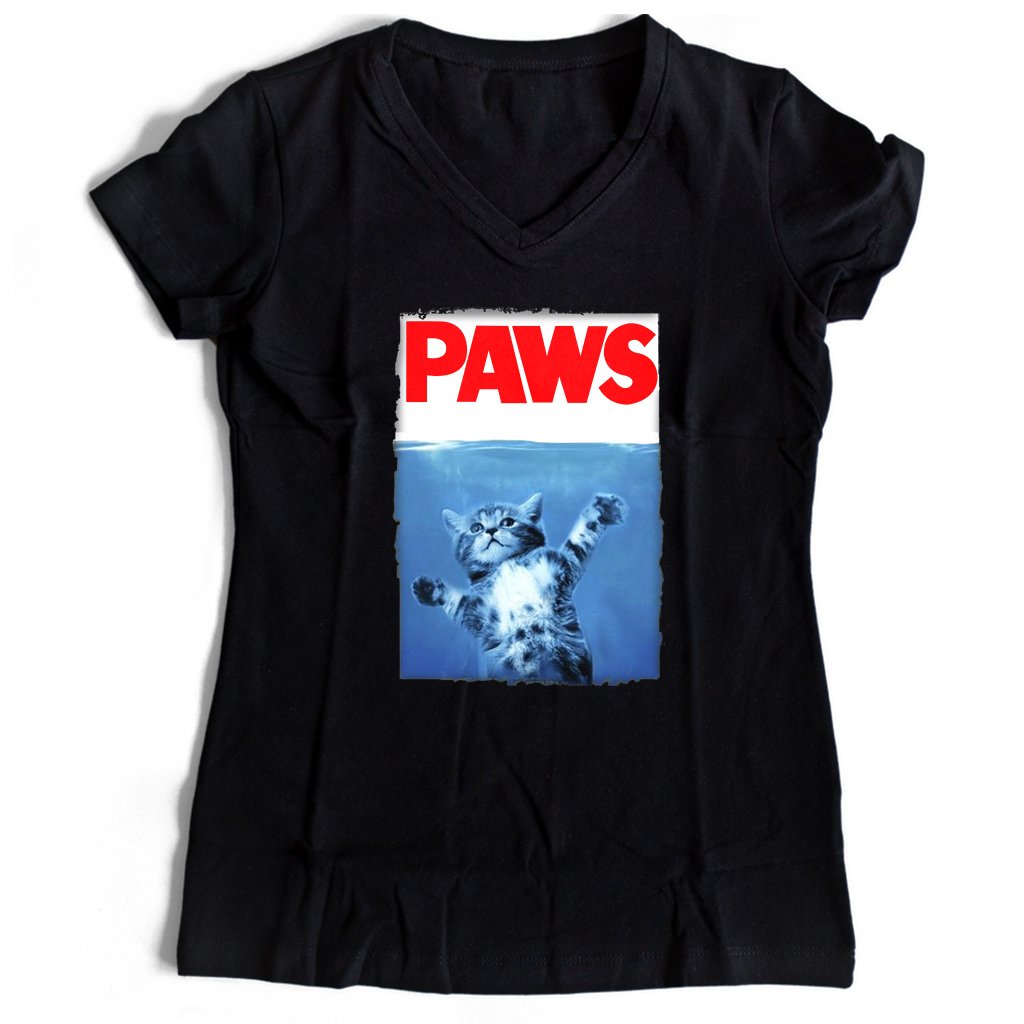 Paws Jaws Movie Kitten Kitty Cat Women’s V-Neck Tee T-Shirt