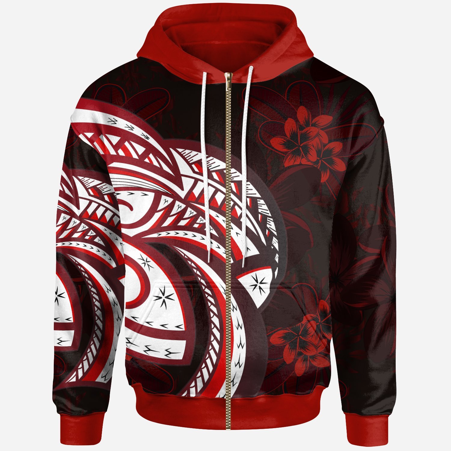 Polynesian Zip-Up Hoodie – Plumeria Flowers Seamless Pattern – BN20