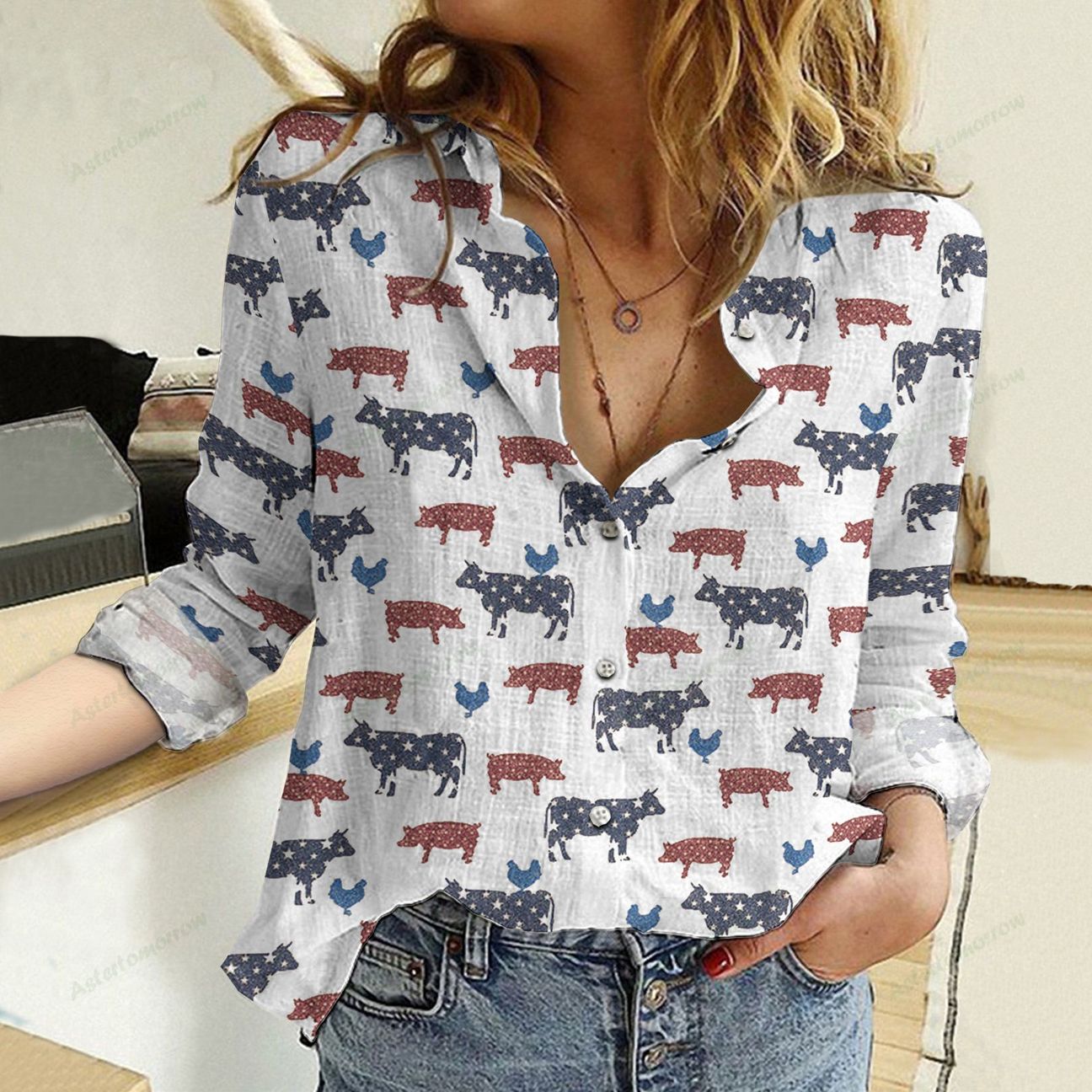 Americana Farm Animals Cotton And Linen Casual Shirt For Men and Women, Unisex