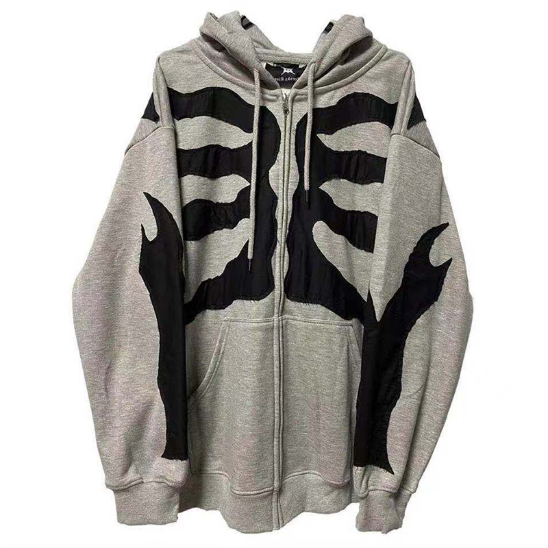 Spring Autumn Female Grey Hooded Sweatshirt Zipper Long Sleeve Loose Human Bones Printing Hoodies Coats Plus Size Women Clothing alx