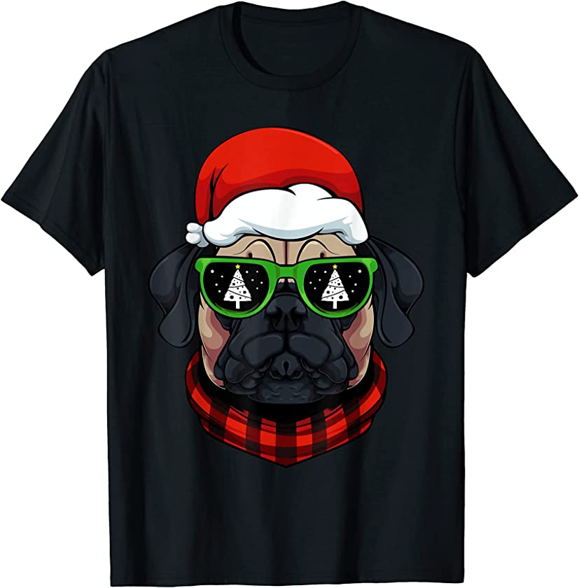 Pug Sunglasses Santa Hat Christmas Pajama Dog Puppy X-Mas T-Shirt