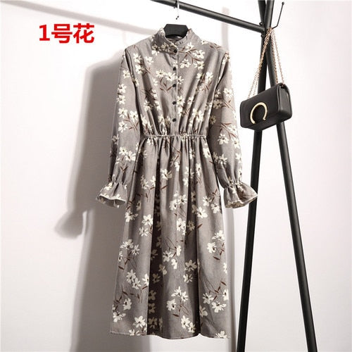 2018 Mori Girl Vintage Print Women Dress Spring Autumn Long Sleeve Floral And Birds Print