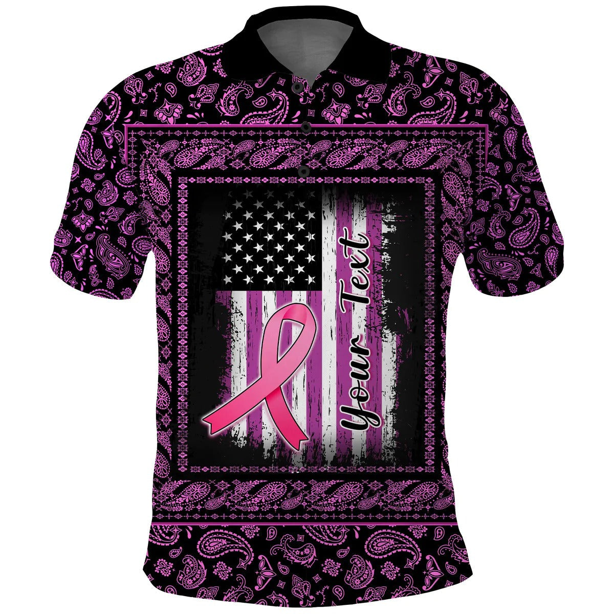 Breast Cancer Men Polo Shirt Black Paisley Pattern In October We Wear Pink