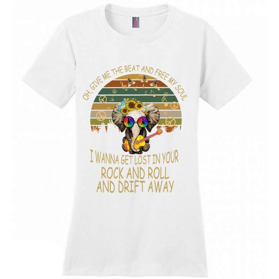 Oh, Give Me The Beat And Free My Soul, I Wanna Get Lost In Your Rock And Roll And Drift Away, Elephant Retro Peace Sign – District Made Women Shirt