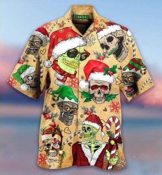 Funny Smiling Skull In Santa Hat Christmas Hawaii Short Sleeve Hawaii Aloha Shirt Ha30679