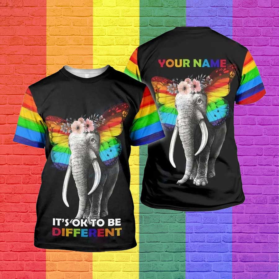 Personalized 3D Pride Shirt, Lgbt It’S Ok To Be Different Rainbow Color Butterfly Ear Elephant 3D Shirt