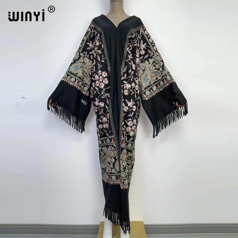 2022 WINYI elegant Winter Women tassel Pashmina Embroidery Long Loose robe femme Thick Warm free size Middle East Female dress alx