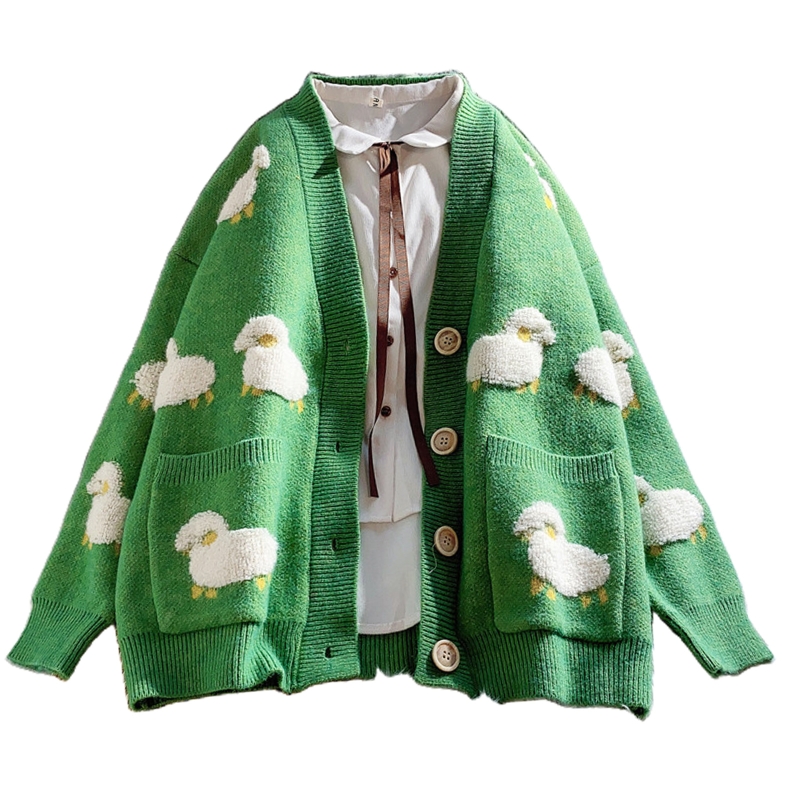 Women Autumn Long Sleeve Knitted Cardigan Cute Cartoon Sheep Print Single Breasted Sweater Coat Oversized Loose V-Neck with alx