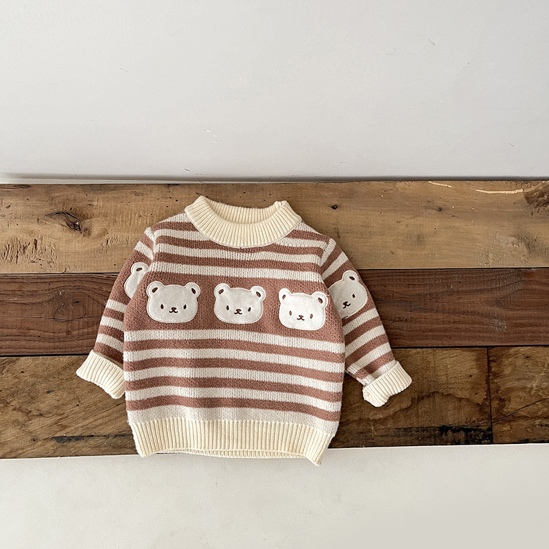 Cute Bear Embroidery Sweater Soft Knitted Tops Cartoon Sweaters For Boys Girls Fashion Striped Pullover Knitwear Clothes alx