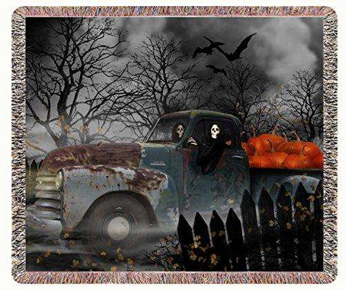 Halloween Ghouls In Old Chevy Truck Woven Throw Blanket 54 X 38