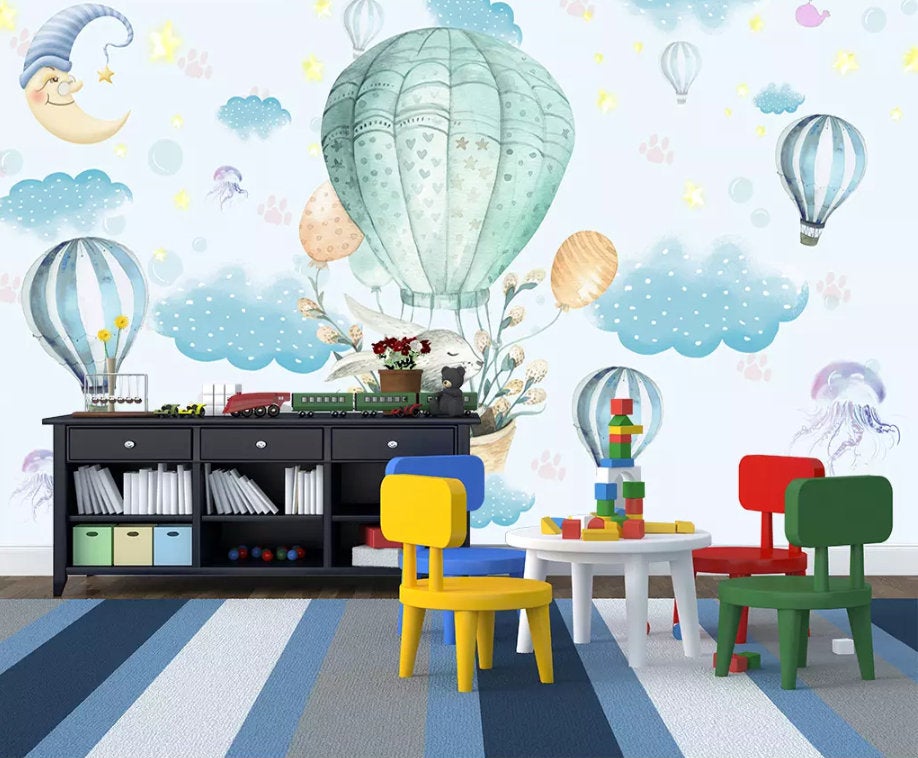 3D Kids,Cartoon Sky,Rabbit,Balloon Wallpaper-Nursery