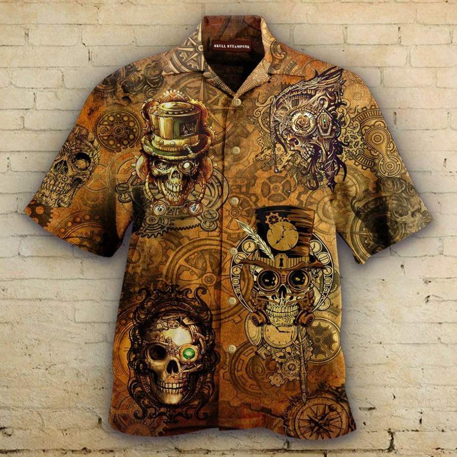 Amazing Vintage Skull Steampunk Hawaii Aloha Shirts Ha86531