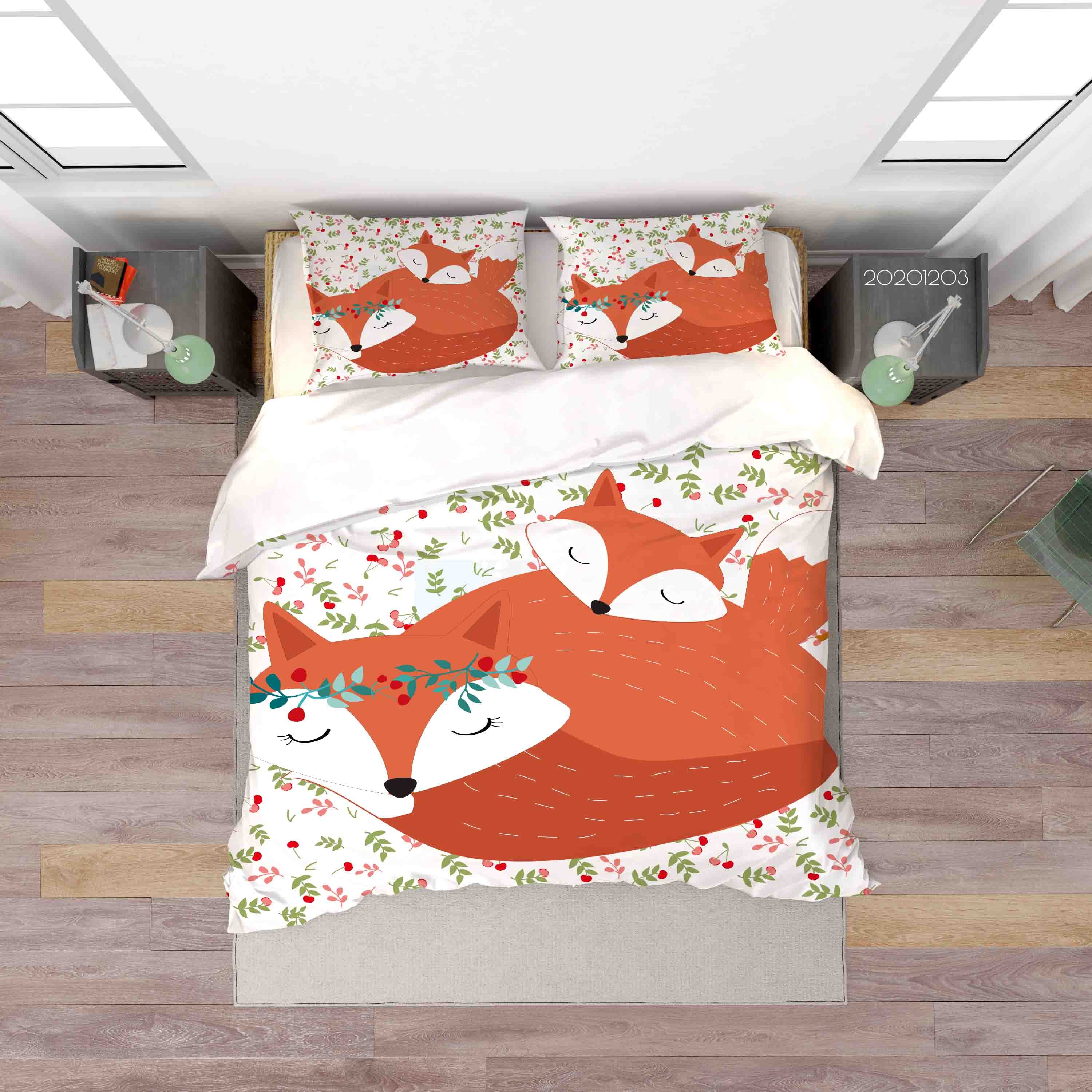 3D Cartoon Hand Drawn Floral Plant Sleeping Fox Animal Quilt Cover Set Bedding Set Duvet Cover Pillowcases Lxl