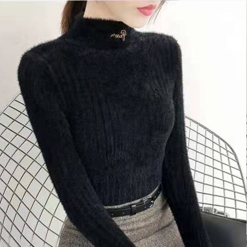 Winter Furry Sweater Women’s Long-sleeved Sweaters Imitation Mink Velvet Short Warm Jumper Tight Half Turtleneck Bottoming Shirt alx