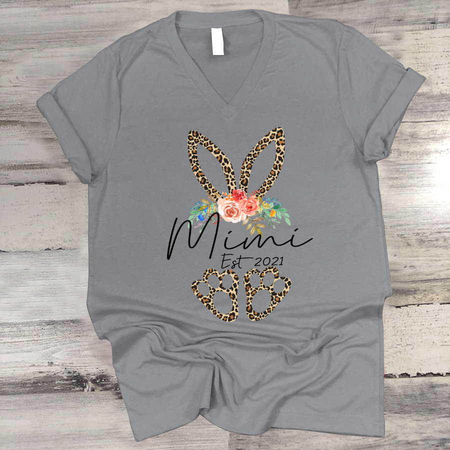 Bunny Leopard Flower Grandma Est V-Neck