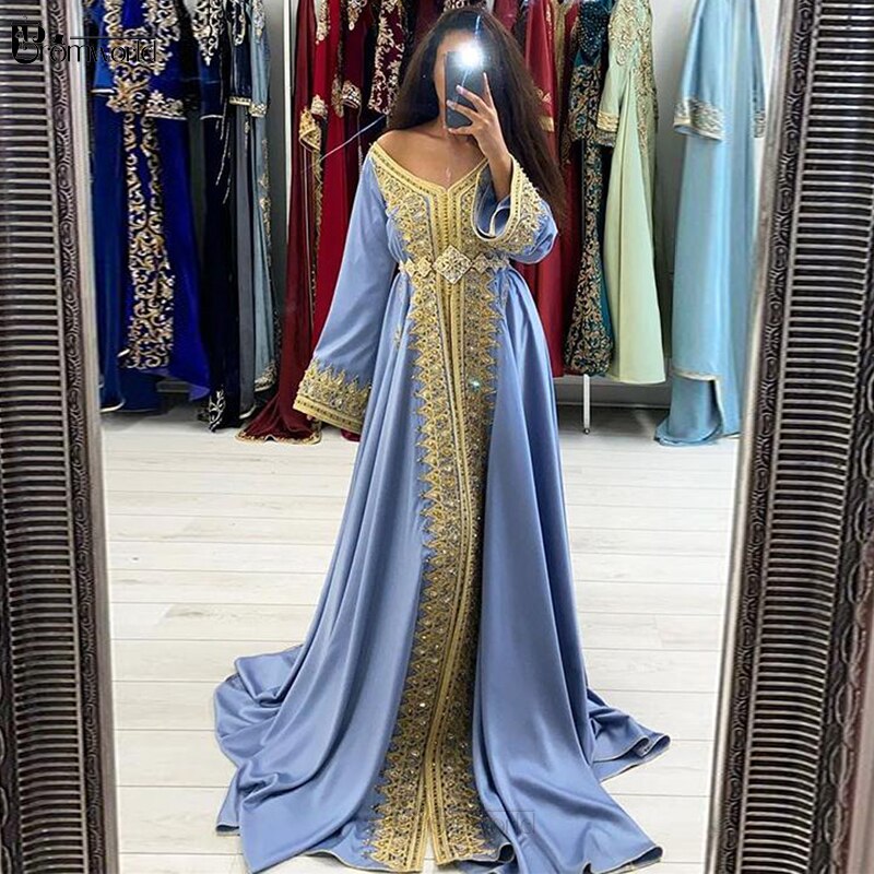 Blue Moroccan Caftan Evening Dresses Long Sleeves ROBES DE SOIRÉE Lace Beaded A-Line Dubai Arabic Muslim Formal Prom Dress 2022 alx