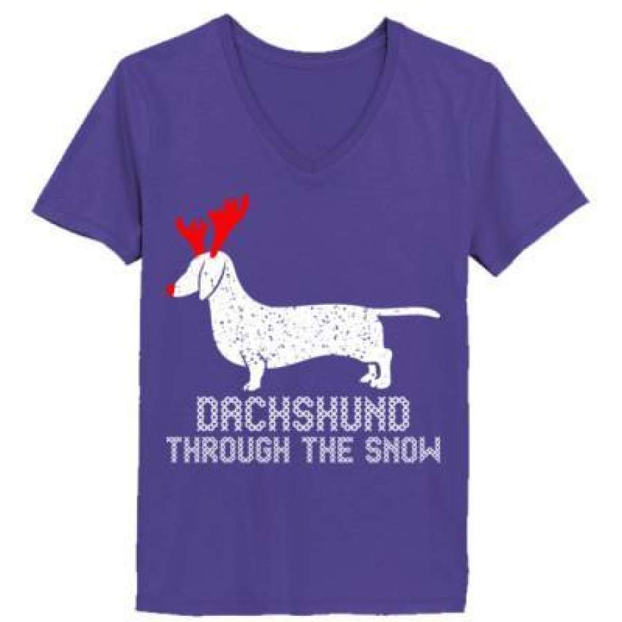 AGR Dachshund Through The Snow Xmas Ugly Sweater – Ladies’ V-Neck T-Shirt