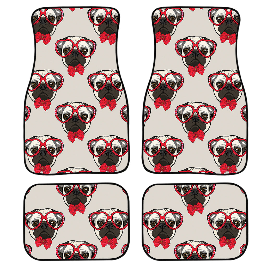 Red Glasses Pug Pattern Print Front And Back Car Floor Mats, Front Car Mat