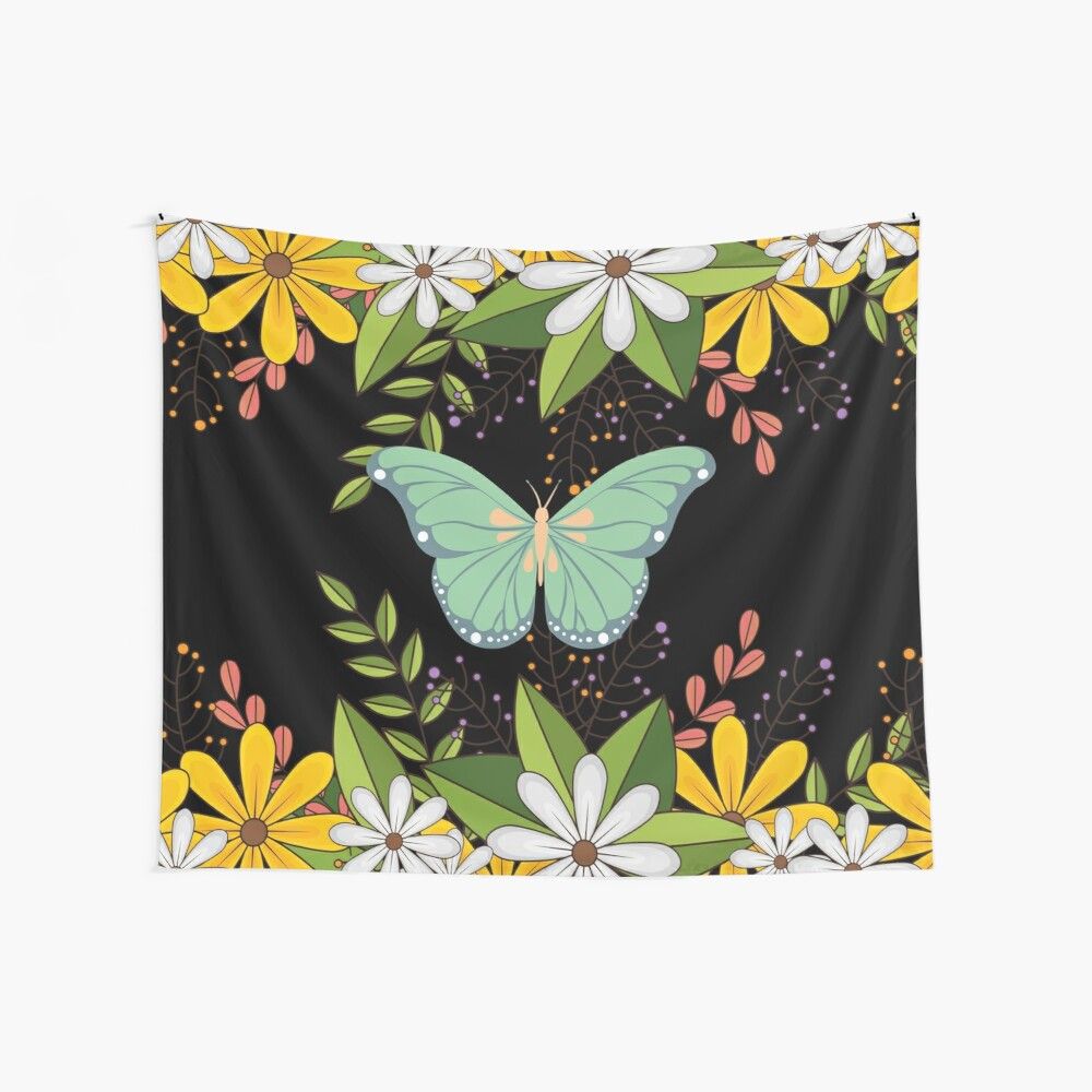 White Flower Cute Green Butterfly Black Wall Tapestry For Bedroom Teen Girl Living Room Dorm Home Decor