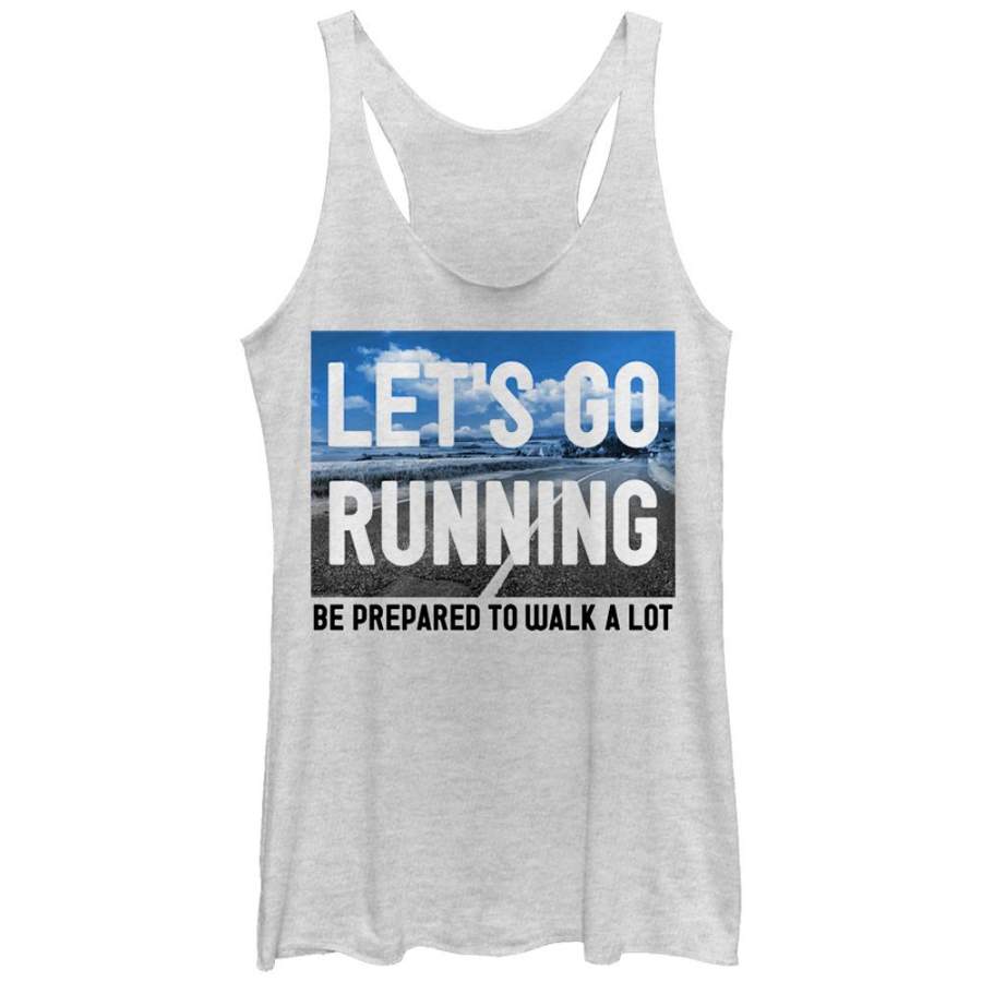 CHIN UP Women’s Let’s Go Running and Walk a Lot  Racerback Tank White Heather