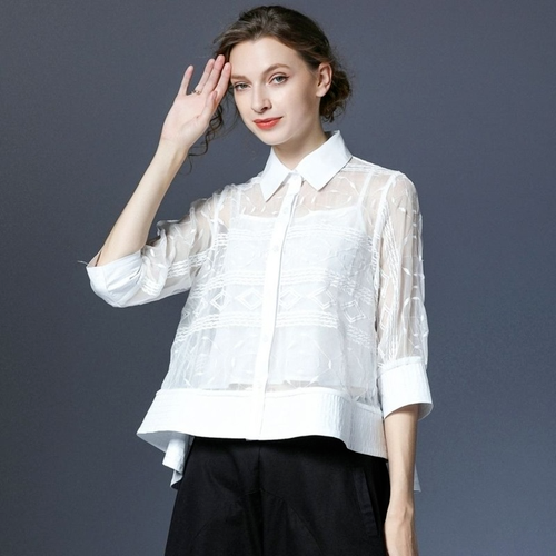 Spring Summer Mesh Loose Organza Shirt with Camisole Women Vintage Solid Embroidered Elegant Blouses Ladies Casual Tops 2022 alx