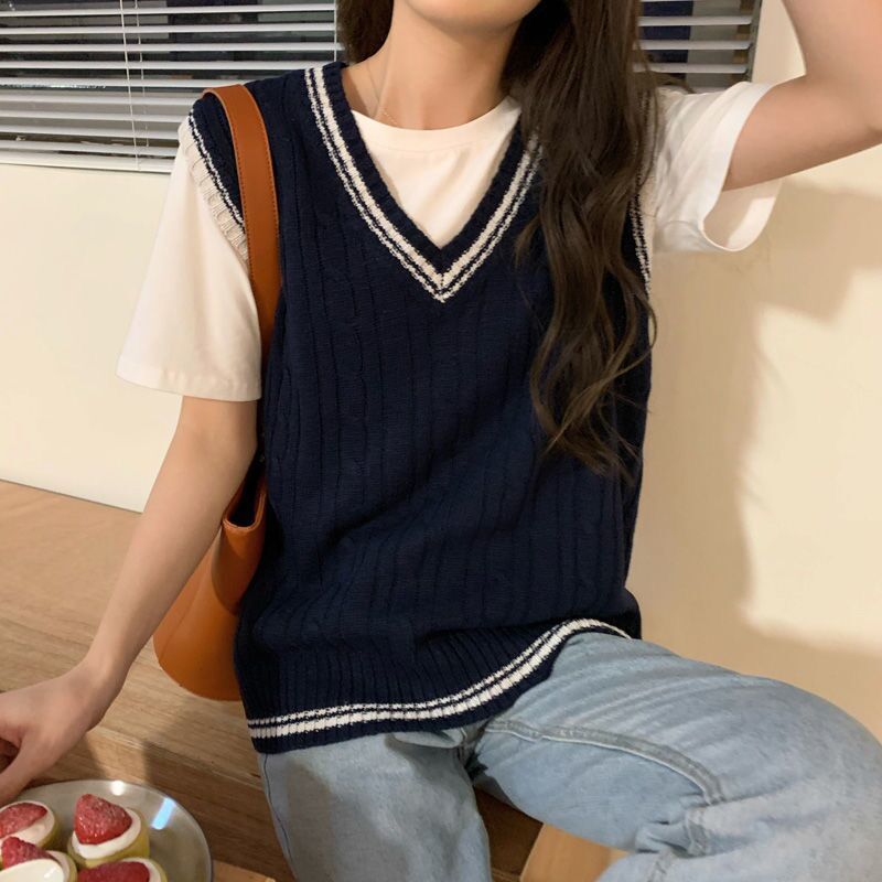 Sweater Vest Women Baggy Sleeveless Cozy Knitted V-neck Striped Simple Fashion All-match Leisure Korean Style Spring Autumn New alx