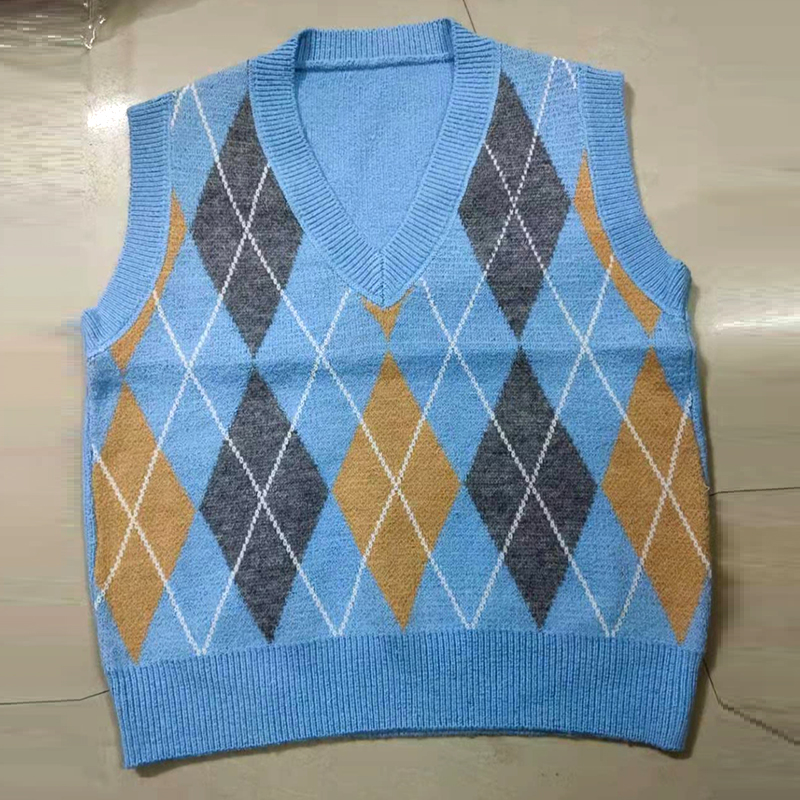 Autumn Winter Vintage Plaid Knitted Sweater Fashion Argyle Sweater Vest Women Pullover Preppy Style Loose Knit Vest Tops 16837 alx