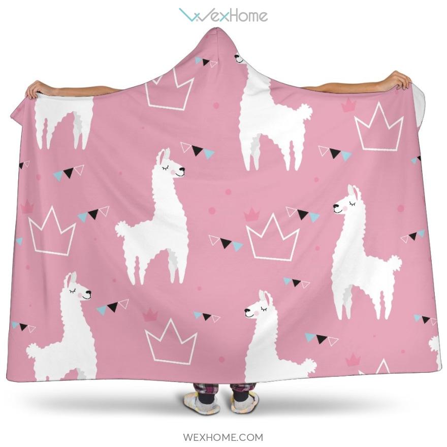 Llama Alpaca Pink Background Hooded Blanket