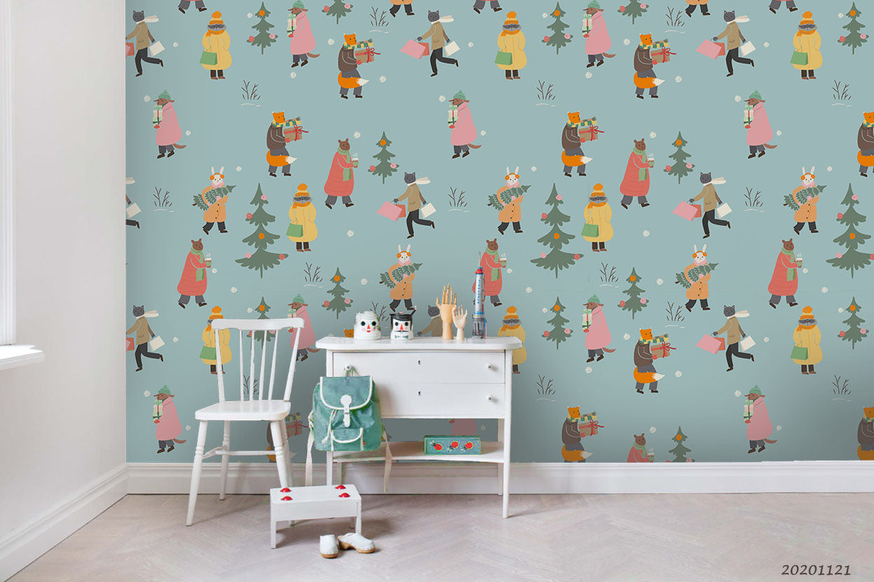 3D Cartoon Animals Christmas Wall Mural Wallpaper Lqh 19