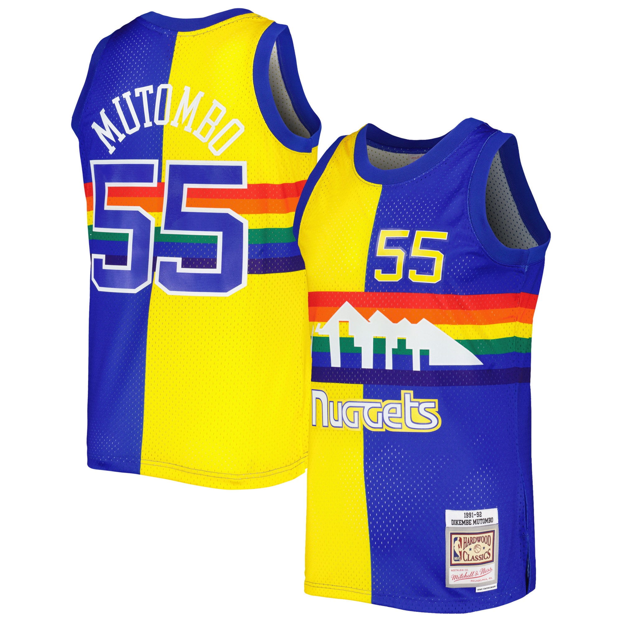 Dikembe Mutombo Denver Nuggets Mitchell & Ness Hardwood Classics 1991/92 Split Swingman Jersey – Royal/Gold