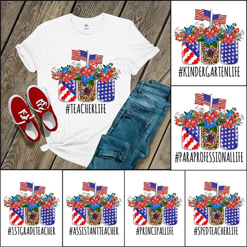 Personalized T-Shirt For Teacher Hashtag Teacherlife Shirt Us Flag Leopard Flower Shirt For Independence Day