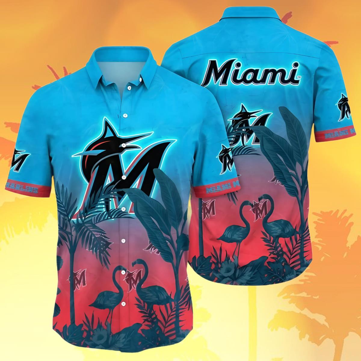Miami Marlins Flamingo Sunset Baseball Hawaiian Shirt