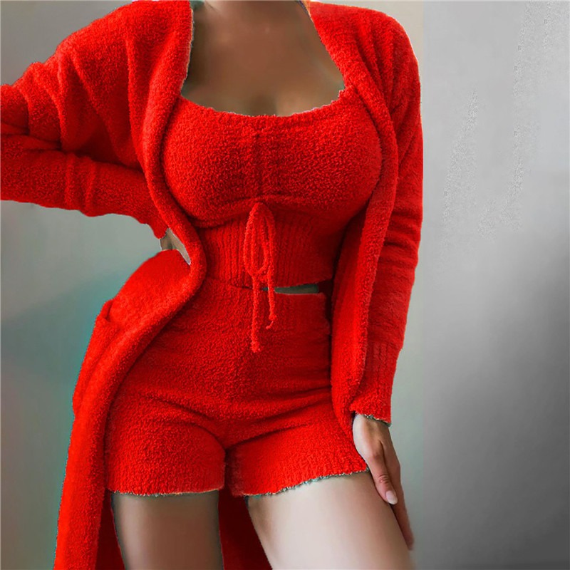 2022 Autumn Winter Pajamas Set Sexy Suspenders Sleepwear Plush 3-Piece Pajamas Set Nightgown Christmas Red Pajamas alx