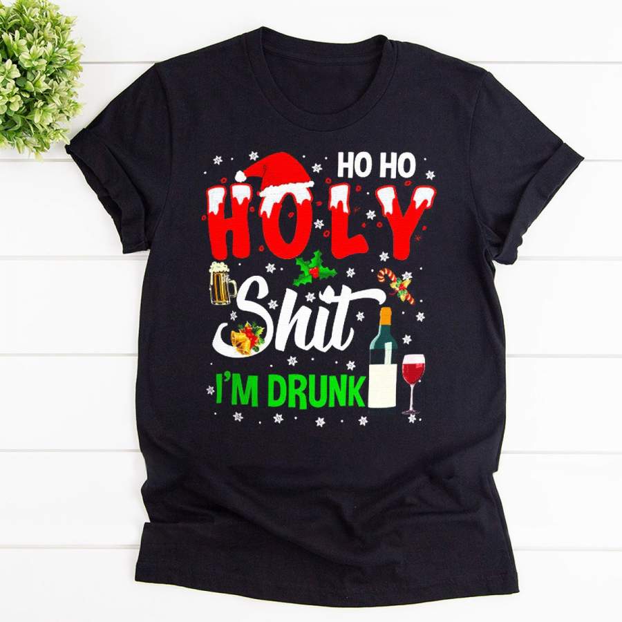 Christmas ho ho holy sh*t i’m drunk funny santa drinking wine santa hat candy cane black cotton t shirt for men and women S-6XL