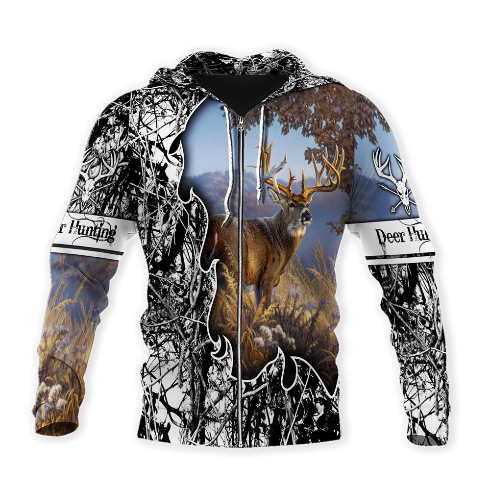 ViticStore™ Deers Hunting Blue Sky 3D Black & White Shade All Over Printed XL Zip-Hoodie For Men