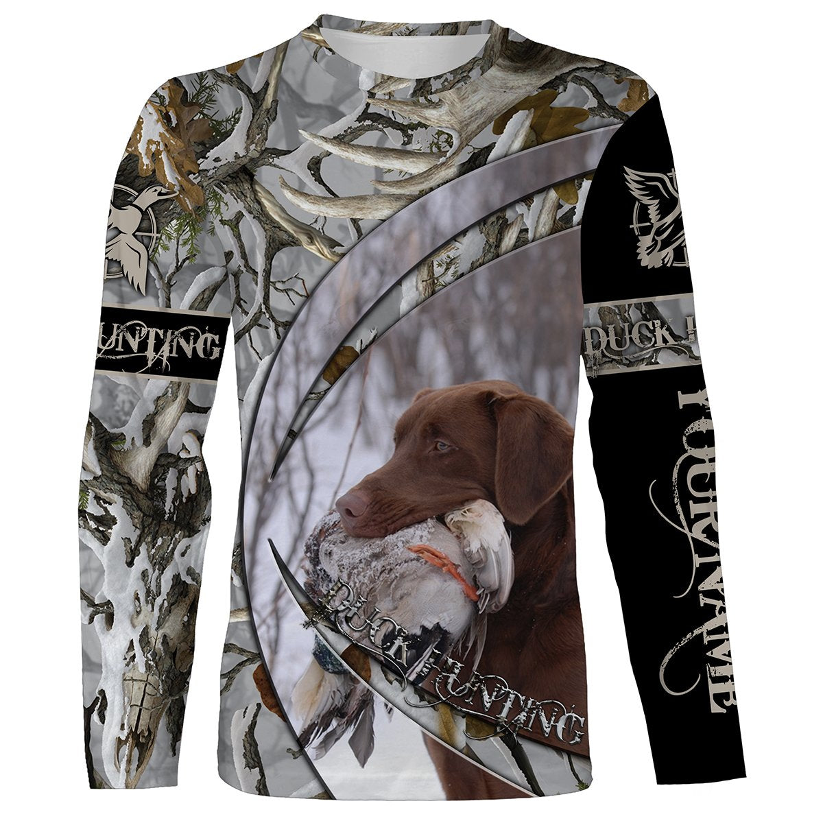 Duck Hunting With Dog Chocolate Labrador Retriever Winter Waterfowl Camo Customize Name 3D All Over Printed Shirt, Hunting Gift Nqs2631