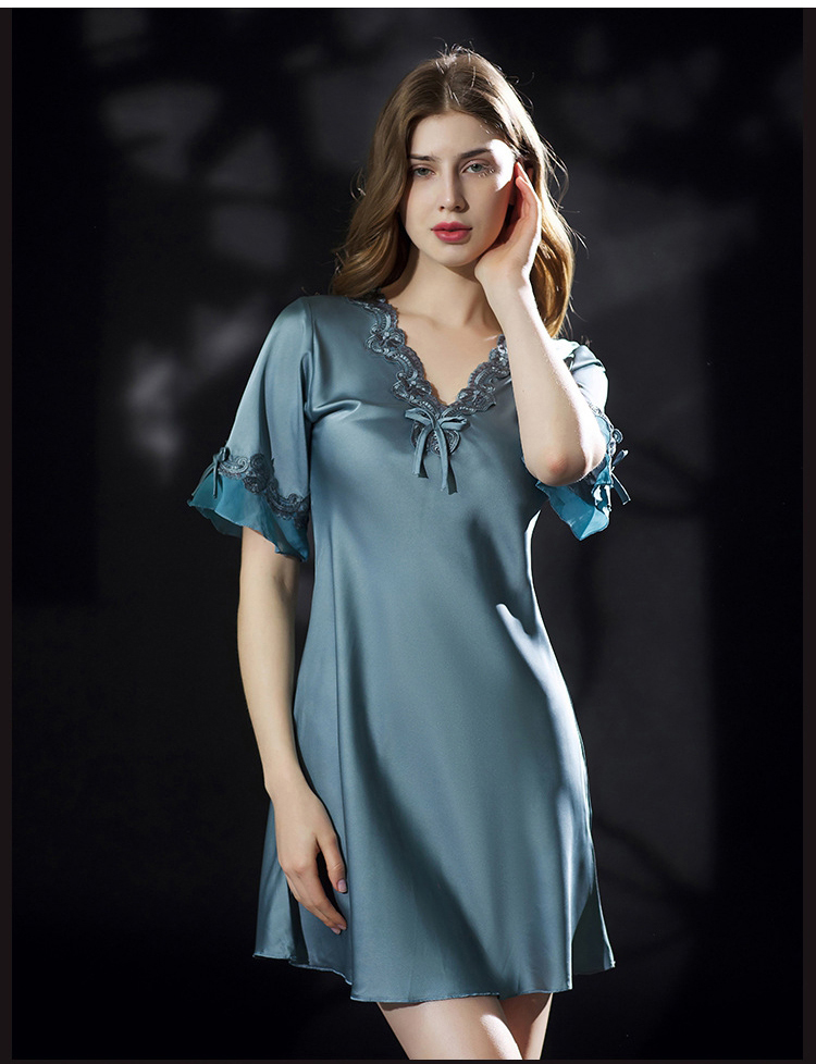 Women Night Dress Solid V Neck Short Sleeve Summerm Ice Silk Ladies Mini Nightie Lace Satin Plus Size Nightgowns for Female 2021 alx