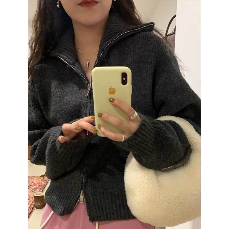 Women Cardigan Korean Style Knitted Texture Sweater Autumn Winter Design Solid Tops Zipper Loose Fitting All-match Casual Chic alx