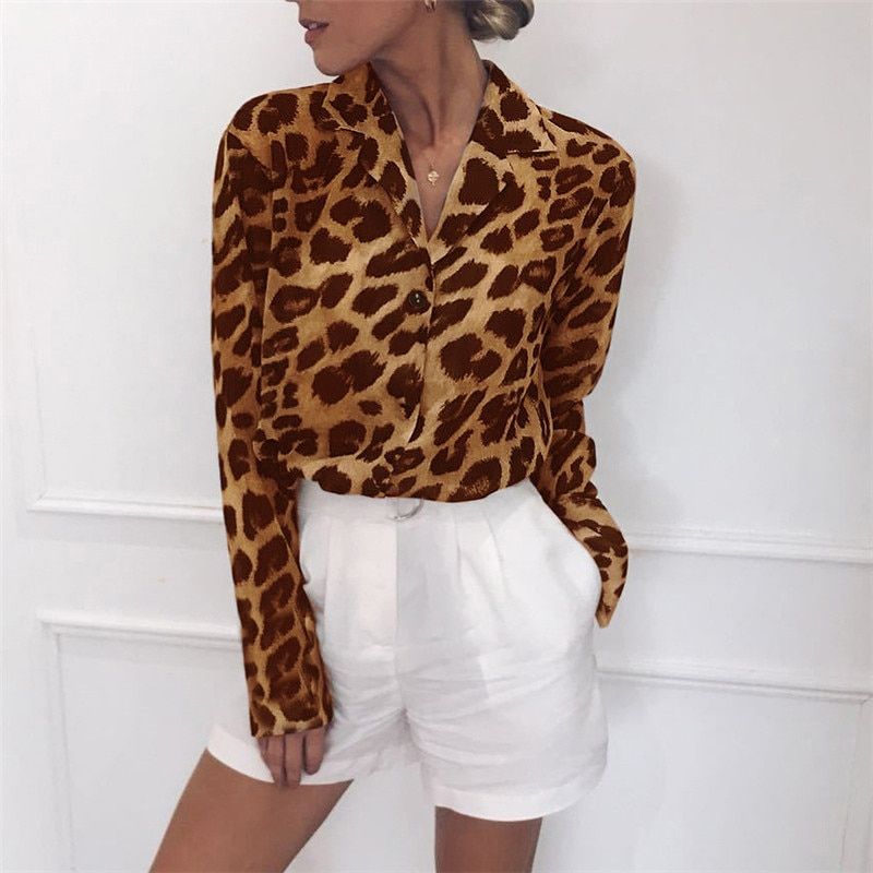 Vintage Blouse Long Sleeve Leopard Print Blouse