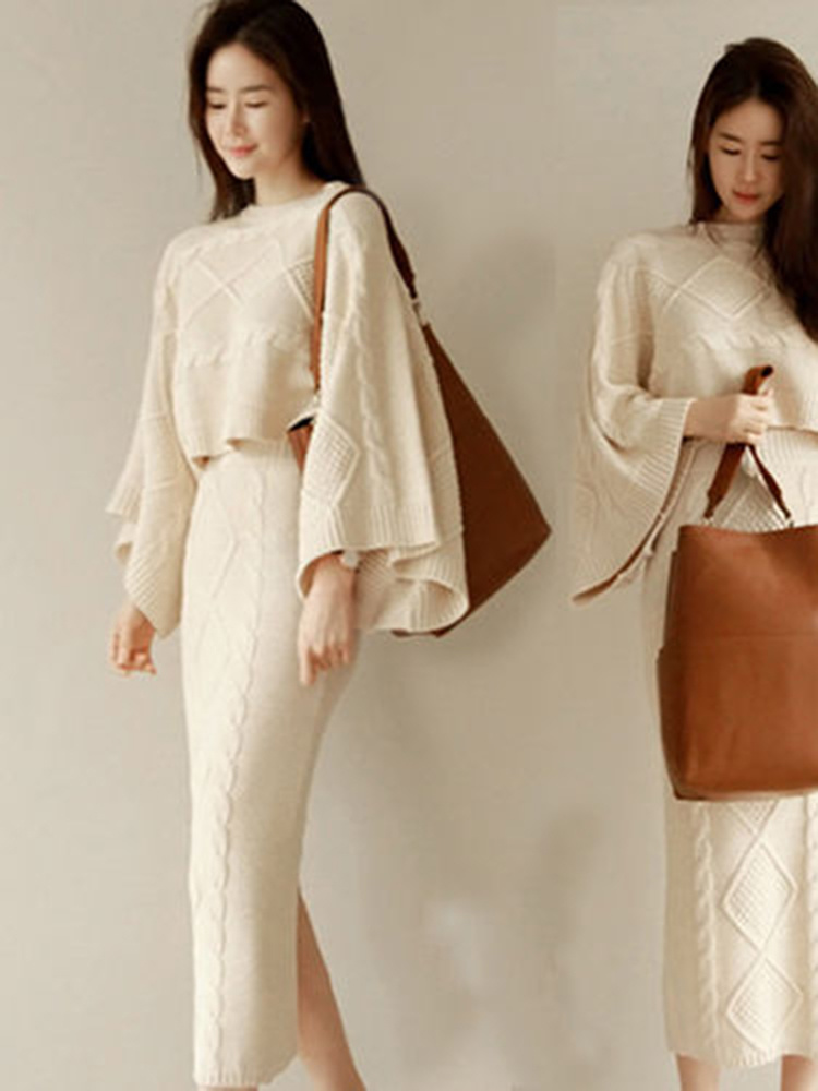 Batwing Sleeve Pullover Sweater With High Waist Split Skirt Knitted 2 Pieces Set Korean Style Female Elegant H451 alx