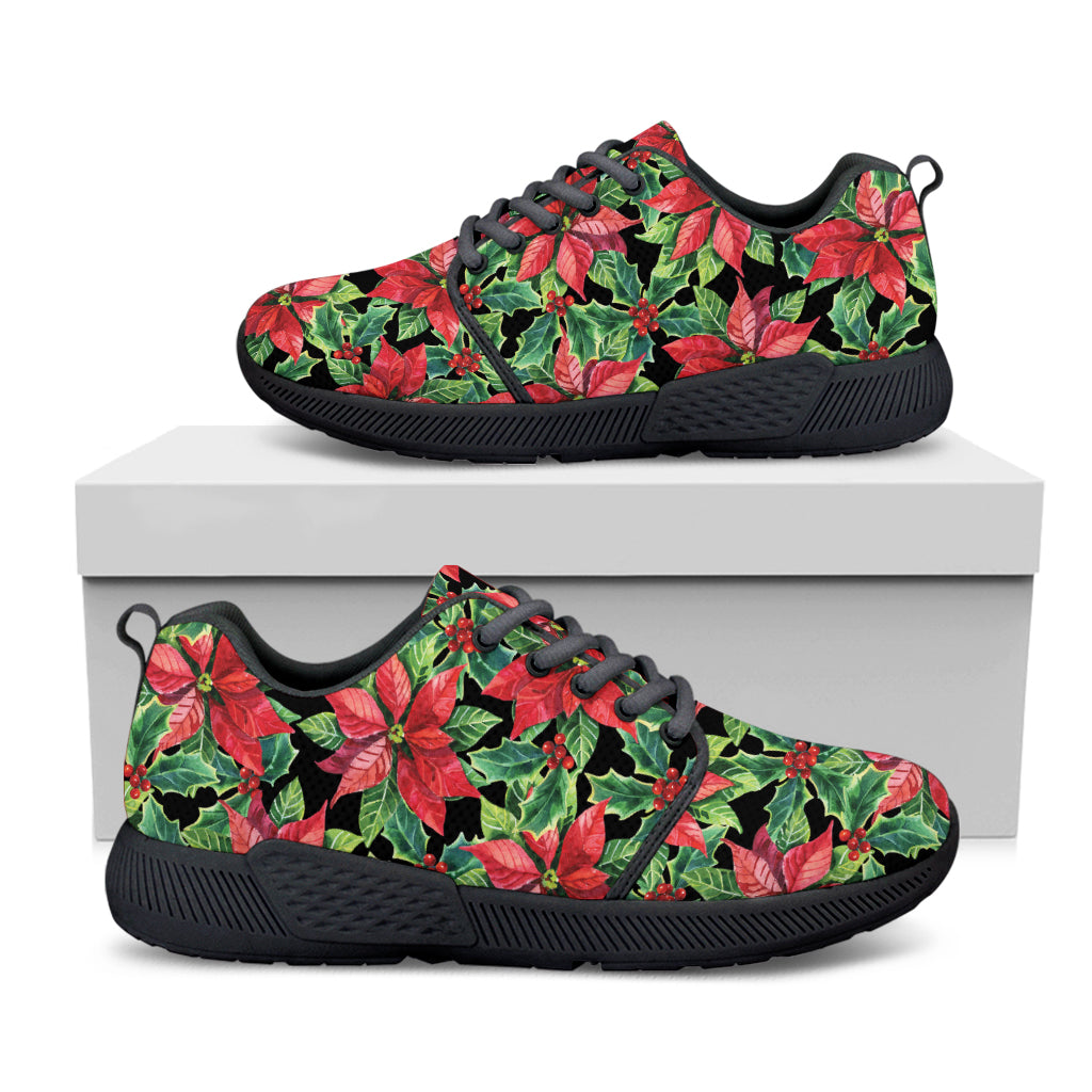 Watercolor Poinsettia Pattern Print Black Athletic Shoes