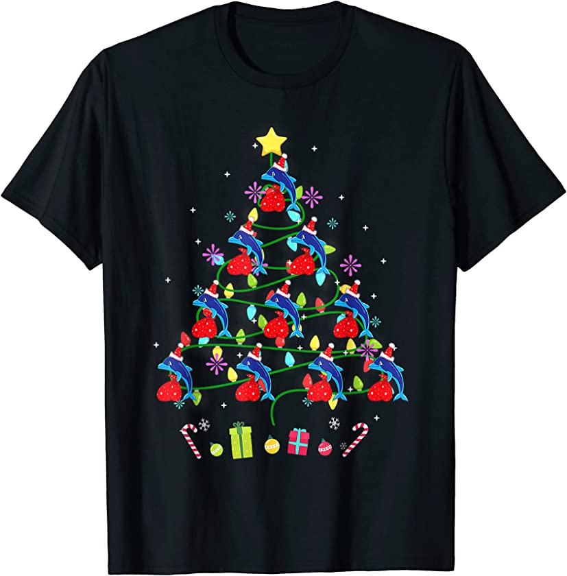 Funny Dolphin Christmas Tree Color Led Light T-Shirt